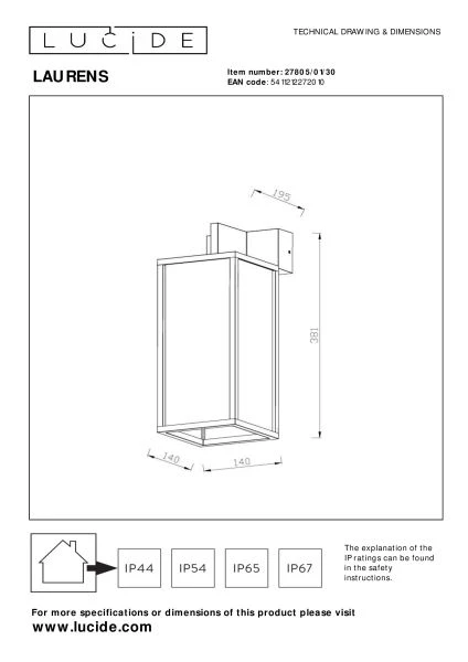 Lucide LAURENS - Wall light Indoor/Outdoor - 1xE27 - IP54 - Black - technical